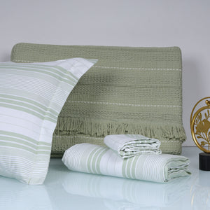 Green textured bedspread set with white stripes